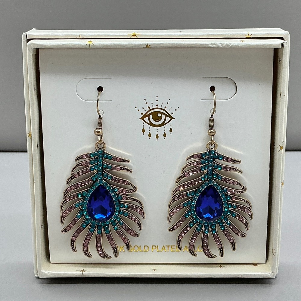 Eye Candy Los Angeles Peacock Feather Earrings Women Blue Gold Plated Rhinestone